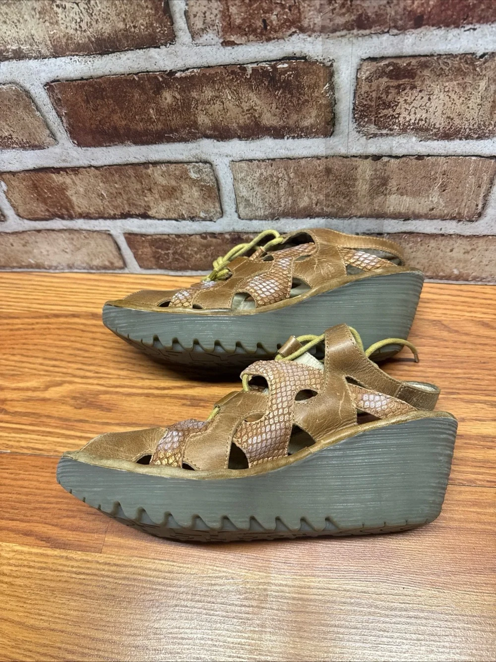 Fly London Yexa Tan Metallic Lace Up Wedge Sandals Size 39 (US 8)